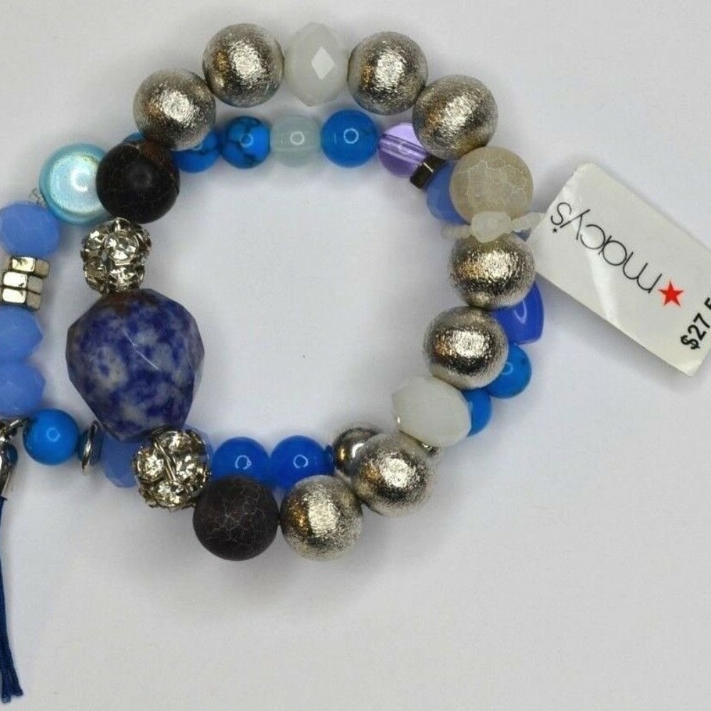 SOLD! Macys Silver/Blue Beaded Stretch Bangle Bracelet